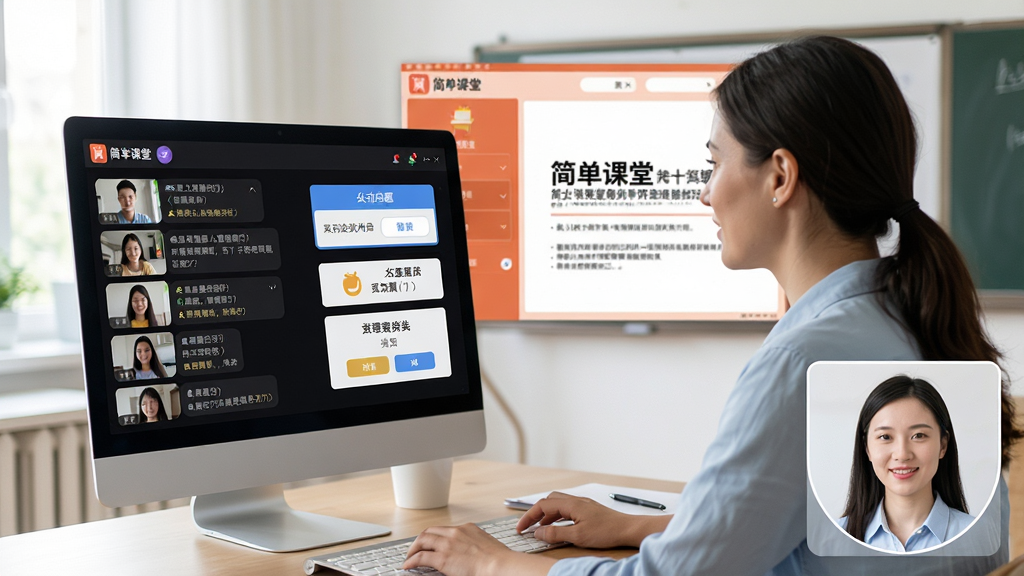 一张展示“简单课堂”直播互动功能的场景图,主体为一位老师正在电脑前授课,屏幕上显示着学生的实时提问弹幕与互动答题卡,布局采用画中画形式,老师头像位于右下角,主屏幕为课件内容,风格写实明亮,细节上突出“简单课堂”的界面元素,画质清晰,色彩自然,无多余元素。