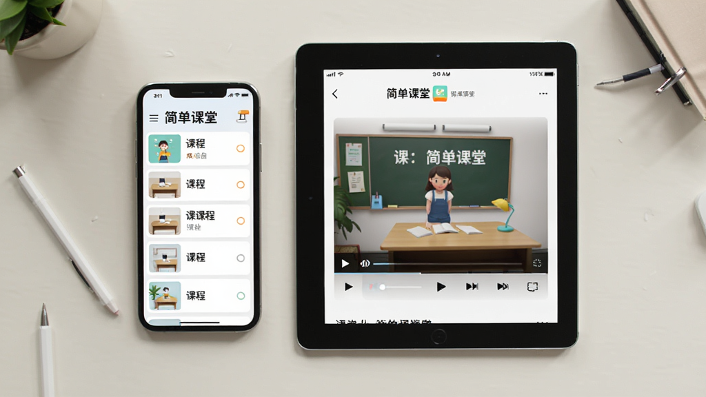 一张展示“简单课堂”在手机与平板设备上使用的场景图,主体为一部智能手机和一台平板电脑并排,屏幕中显示课程列表与播放界面,布局采用平铺视角,风格现代生活化,细节上突出“简单课堂”的界面设计,画质清晰,光线柔和,无多余元素。