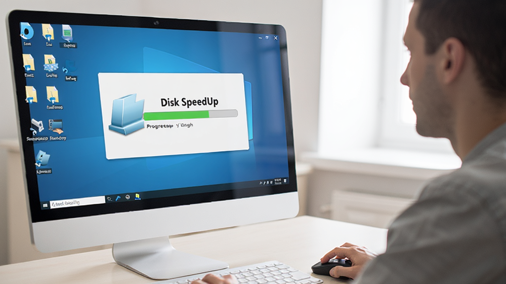 展示用户正在使用Disk SpeedUp进行磁盘整理的场景,电脑屏幕显示进度条,桌面上有多个文件图标,室内光线明亮,整体风格写实,画质干净无多余元素