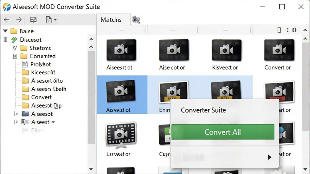 图像主体是Aiseesoft MOD Converter Suite 软件操作界面放大特写,布局为一个文件列表窗口,列表中排列着多个视频文件图标,其中一个文件被高亮选中并显示右键菜单。排版为左右分栏,左侧为文件夹树状目录,右侧为文件列表。风格为扁平化UI设计,细节包括文件缩略图上的摄像机小图标,以及醒目的“Convert All”绿色按钮,画面干净整洁,无多余元素,画质清晰。
