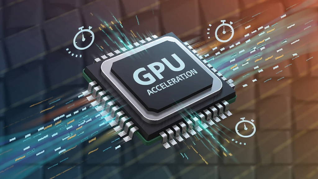 画面主体为一块悬浮在半空中的电脑芯片,芯片表面刻有“GPU ACCELERATION”字样,周围环绕着流动的数据光带和计时器图标。布局为芯片居中,四周有速度线特效。风格为抽象科技感插画,细节包括芯片引脚上的高速运动模糊效果,背景为渐变色网格,画质干净清晰,无多余元素。