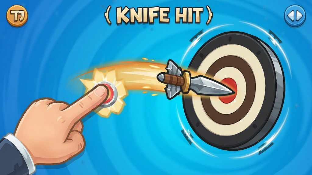 飞刀挑战(Knife Hit)游戏玩法展示图,主体为手指点击屏幕瞬间,飞刀飞向旋转圆盘,布局动感,卡通渲染风格,细节表现飞刀轨迹,画质清晰,干净无多余元素