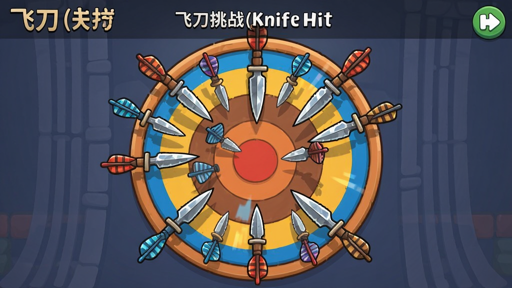飞刀挑战(Knife Hit)游戏运行截图,主体为游戏关卡界面,圆盘上插满飞刀,布局简洁,卡通风格,色彩鲜艳,细节清晰,画质干净无多余元素