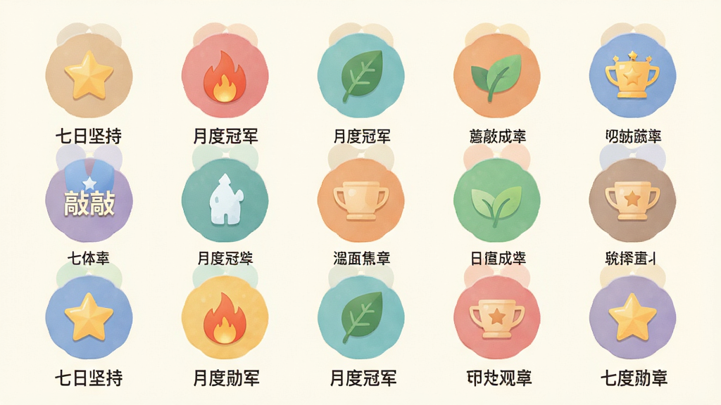 一幅展示“敲敲”APP成就勋章墙的预览图,主体为一排排彩色圆形勋章图标,每个勋章上带有不同图案如星星、火焰、树叶等。布局为网格排列,背景为米白色,勋章下方标注名称如“七日坚持”、“月度冠军”。风格简约精致,色彩柔和,细节清晰,画质干净无多余元素,突出“敲敲”软件和激励成就主题。