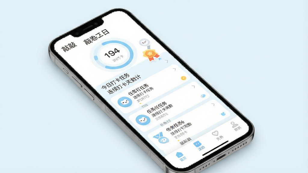 一幅现代简约风格的手机应用界面预览图,主体为“敲敲”APP主屏幕,展示今日打卡任务列表、连续打卡天数统计和激励勋章图标。布局清晰,上方为日期与进度环,中间为任务卡片列表,底部为导航栏。整体色调清新淡雅,以白色和浅蓝色为主,图标圆润可爱。画面干净整洁,无多余元素,画质高清,突出APP名称“敲敲”和习惯养成主题。