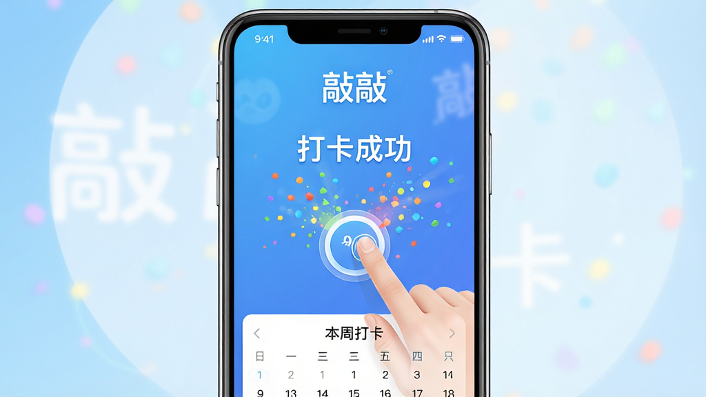 一张展示“敲敲”APP打卡流程的截图预览,主体为手机屏幕内打卡成功动画,手指轻触圆形按钮,周围弹出彩色粒子特效和“打卡成功”字样。布局以手机居中,背景为渐变蓝色,底部展示本周打卡日历。风格清新活泼,细节丰富,画质高清干净,无多余元素,突出“敲敲”软件名称和打卡成功带来的愉悦感。