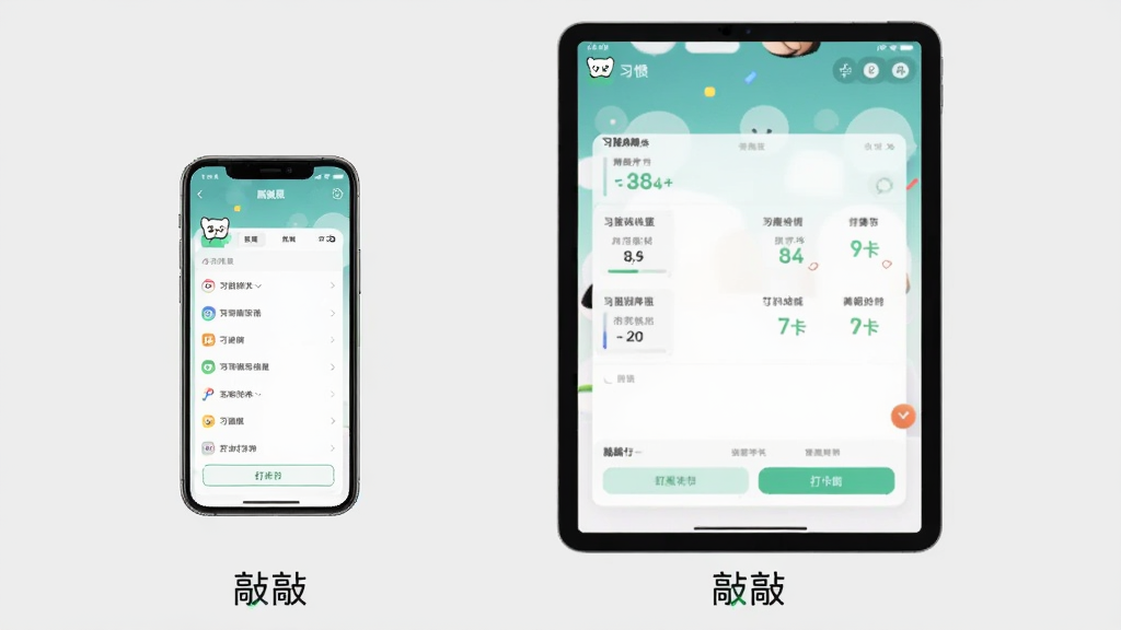 一幅展示“敲敲”APP在手机与平板上的使用场景图,主体为两部设备并排,屏幕显示不同的习惯列表和打卡状态。布局为左手机右平板,背景为纯色浅灰,设备下方有“敲敲”字样。风格简洁实用,细节清晰,画质干净无多余元素,突出软件跨设备适配能力。