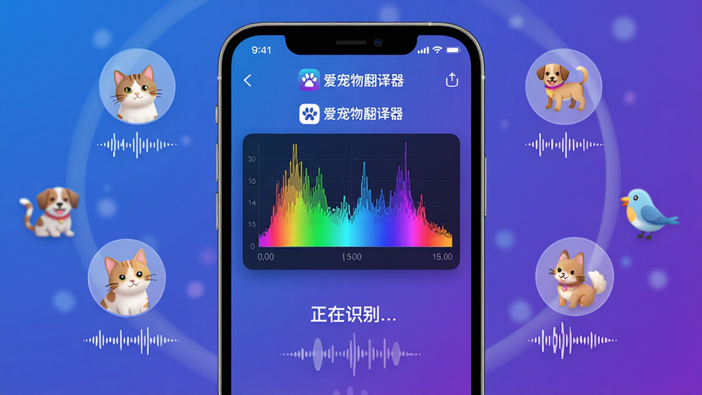 主体:手机屏幕上显示“爱宠物翻译器”的声纹识别界面,界面中有彩色频谱图和“正在识别…”的动画。布局:手机占据画面中央,周围环绕着猫、狗、鸟等宠物的小图标。排版:界面简洁,频谱图动态感强。风格:现代科技风,蓝紫色调。细节:频谱图上标注“爱宠物翻译器”Logo,宠物图标下方有对应的叫声波形。画质:高清,干净,无多余元素。