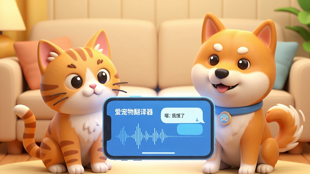 主体:一只可爱的橘猫和一只柴犬并排坐在一起,面前悬浮着一个发光的智能手机屏幕,屏幕上显示“爱宠物翻译器”字样和语音波形图。布局:猫咪在左,狗狗在右,手机屏幕位于两者中间偏下位置,背景是温馨的客厅沙发。排版:手机屏幕醒目,宠物表情好奇。风格:3D卡通渲染,色彩明亮温暖。细节:猫咪耳朵竖起,狗狗尾巴摇摆,屏幕上有中文“爱宠物翻译器”和“喵:我饿了”的对话气泡。画质:高清,干净,无多余元素。
