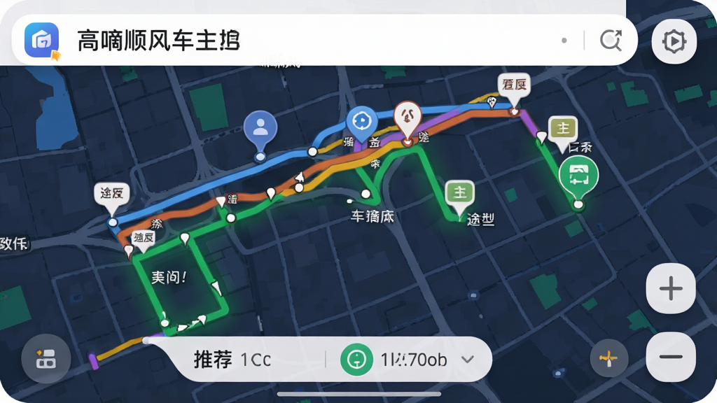 一张高嘀顺风车主应用内路线规划界面的截图,展示多条彩色路线对比,其中一条绿色推荐路线带有途经点标记,地图背景清晰,界面UI设计现代,图标圆润,信息层次分明,整体风格扁平化,细节丰富,画质干净,无多余元素,高嘀顺风车主预览图