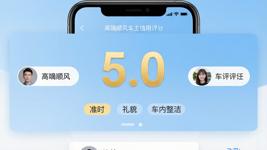 一张展示高嘀顺风车主信用评分界面的手机截图,画面中央有一个大大的金色“5.0”分数,下方分布着“准时”、“礼貌”、“车内整洁”等标签,两侧是用户头像与互评按钮,界面采用卡片式设计,背景为淡蓝色渐变色,风格简洁,细节清晰,画质高清,干净无多余元素,高嘀顺风车主预览图