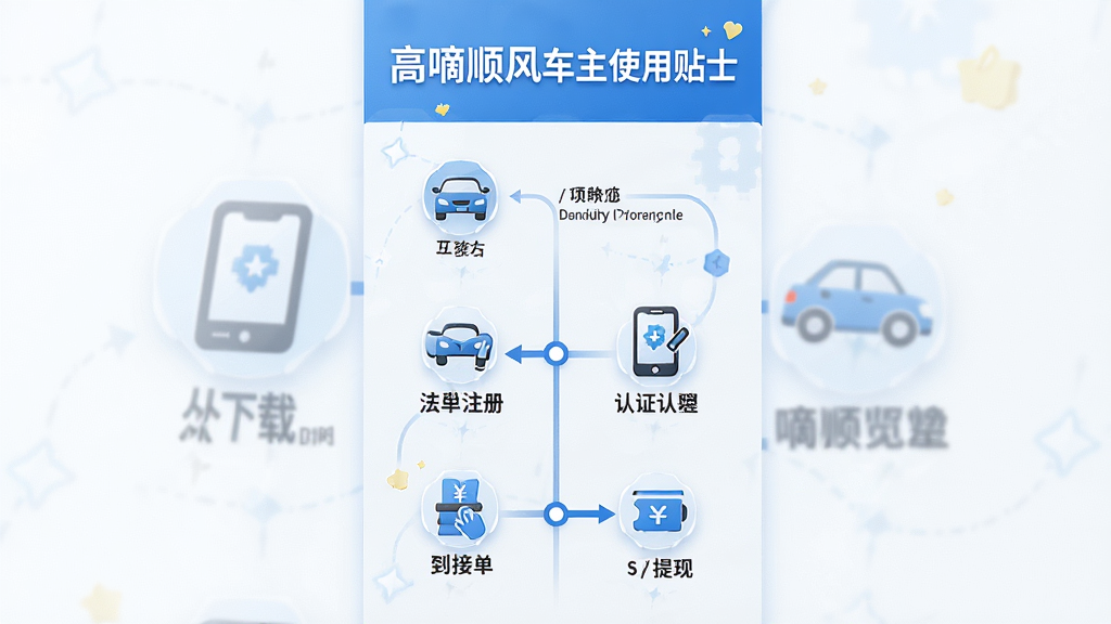 一张竖版信息长图,标题为“高嘀顺风车主使用贴士”,以图标和时间线的形式展示从下载、注册、认证到接单、提现的完整流程,背景为清爽的蓝白色调,设计风格简洁明了,便于阅读,细节精致,画质高清,无多余元素,高嘀顺风车主预览图
