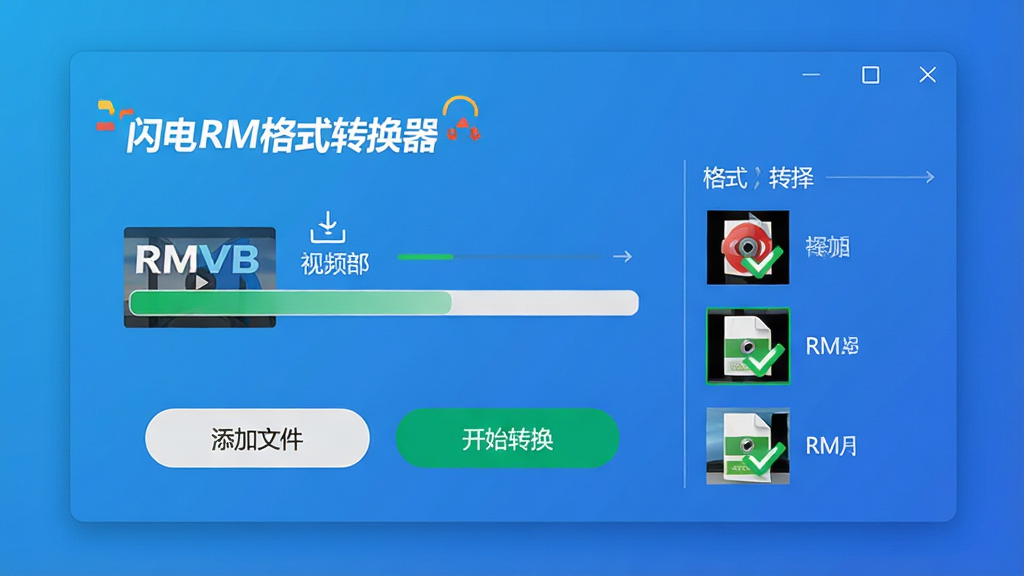 主体:一款名为“闪电RM格式转换器”的电脑软件界面,屏幕上显示着视频转换进度条,旁边有清晰的格式选择列表。布局:软件窗口居中,背景为干净的渐变蓝色,主操作区域清晰展示“添加文件”与“开始转换”按钮。排版:界面元素排列整齐,图标线性风格,文字标签醒目。风格:扁平化设计,现代感强,色彩明亮。细节:视频文件缩略图上带有RMVB标志,转换完成的文件打上绿色对勾。画质:高清,干净,无多余元素。