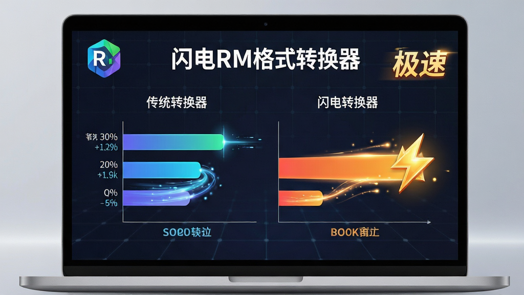 主体:一台笔记本电脑屏幕上显示“闪电RM格式转换器”的转换速度对比图表,左侧是传统转换器,右侧是闪电转换器,速度条明显更长。布局:图表占据屏幕中央,左侧有软件Logo,右侧有“极速”字样。排版:数据可视化,条形图对比鲜明,色彩鲜艳。风格:科技感,商务风格。细节:速度条带有流动的光效,背景有轻微的网格纹理。画质:锐利,清晰,无多余元素。