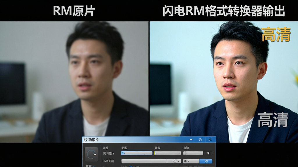 主体:一个视频画面被分成左右两半进行画质对比,左边标注“RM原片”略显模糊,右边标注“闪电RM格式转换器输出”清晰锐利。布局:画面对比居中,下方是软件的操作面板,显示参数设置。排版:左右对称,色彩差异明显。风格:直观的对比展示风格。细节:右边画面上有“高清”字样水印,色彩饱和度更高。画质:细腻,干净,无多余元素。