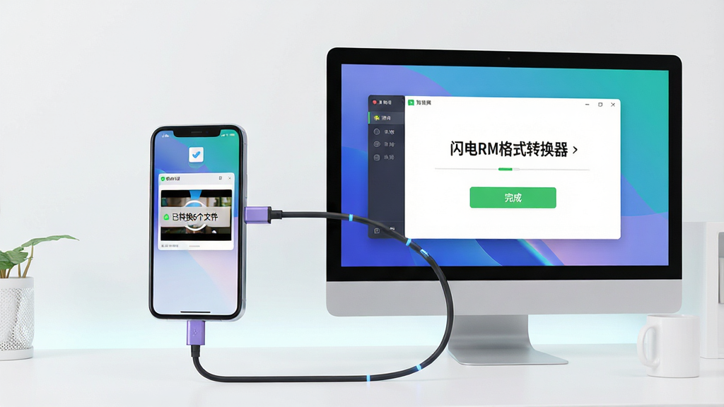 主体:一部智能手机和一台电脑并排,屏幕上都显示“闪电RM格式转换器”的界面,手机通过数据线连接电脑,同步显示转换完成的视频文件。布局:设备居中,数据线连接形成视觉引导,背景简洁。排版:左右构图,色彩和谐。风格:科技感,生活化场景。细节:手机屏幕上显示“已转换6个文件”的通知,电脑屏幕上有“完成”绿色按钮。画质:高清,明亮,干净,无多余元素。