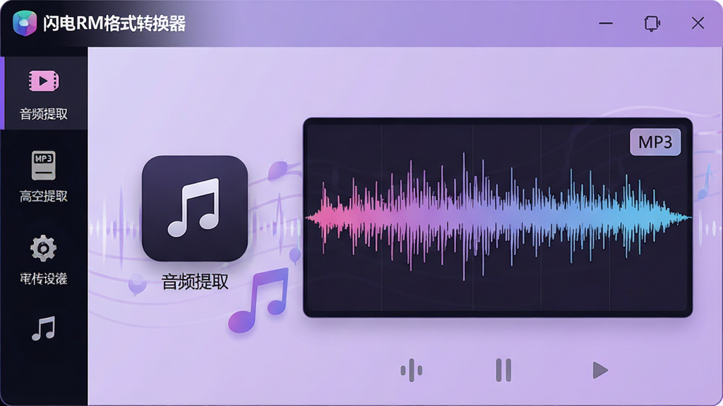 主体:“闪电RM格式转换器”的功能界面,突出显示“音频提取”图标,旁边有一个音乐音符的视觉元素。布局:功能图标在左侧菜单栏,右侧是操作预览区,显示波形图。排版:界面简洁,图标下方有文字说明。风格:现代简约,带有音乐律动的感觉。细节:波形图上有“MP3”格式标签,背景是淡雅的紫色渐变。画质:高清,干净,无多余元素。