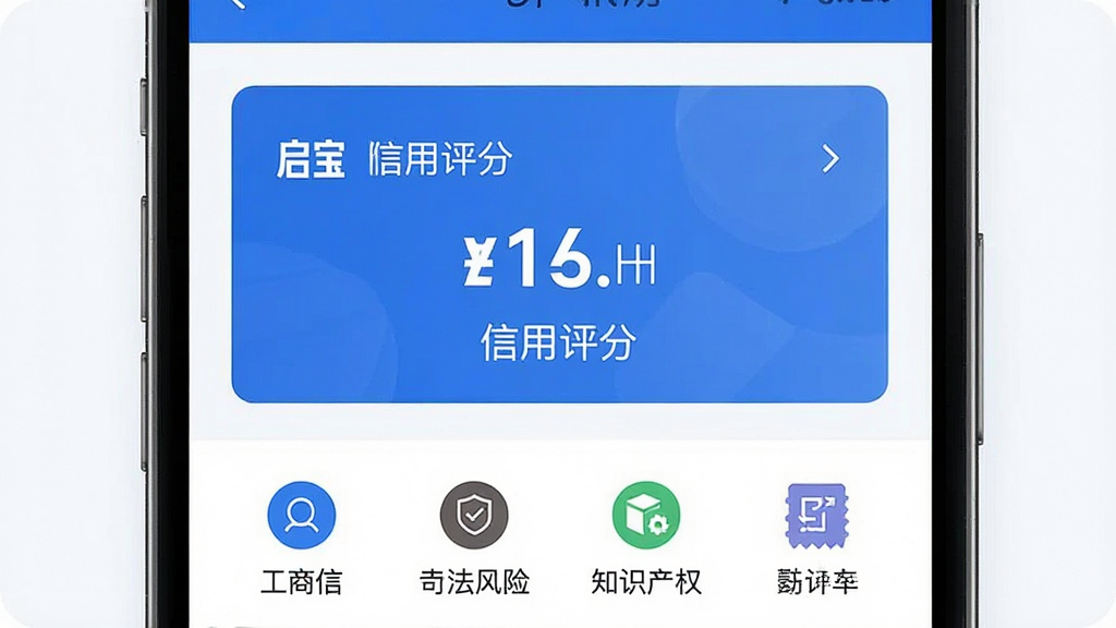 一张展示启信宝手机应用主界面的高清图片,界面风格简洁现代,主色调为蓝色和白色,中央展示一家示例企业的信用评分卡片,下方排列着工商信息、司法风险、知识产权等清晰的导航图标,布局规整,画质干净,无多余元素