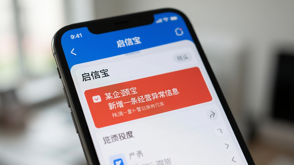 生成一张智能手机展示风险预警通知的图片,屏幕上的启信宝应用弹出红色预警横幅,内容显示某企业新增一条经营异常信息,背景虚化处理,突出手机屏幕内容,画面简洁,风格写实,画质清晰
