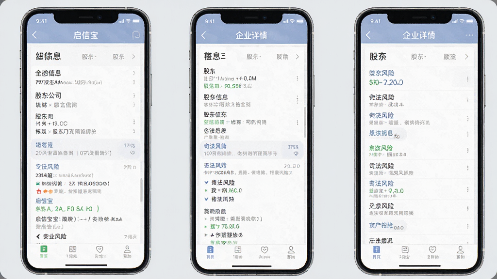 一张展示启信宝手机应用内部界面的图片,屏幕显示企业详情页面,包含公司基本信息、股东信息、司法风险等模块,界面信息密度高但排版清晰,背景为浅灰色,画质干净,无多余元素