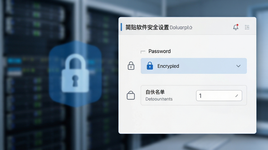 简贴软件安全设置界面,显示密码锁与白名单选项,背景模糊处理,数据加密图标,整体风格严谨专业,画质高清,干净无多余元素