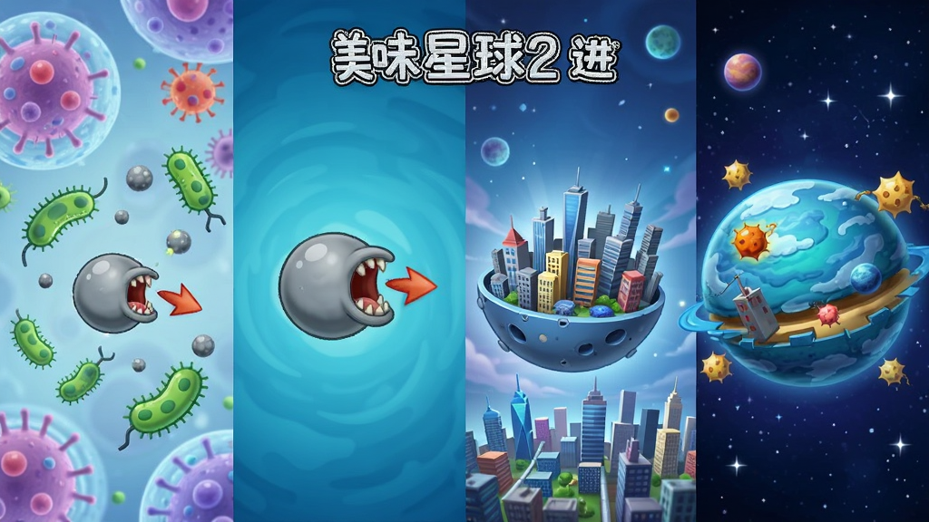 画面展示一个灰色小球从微观世界吞噬细菌开始,逐渐变大,最终变成吞噬城市和星球的巨大球体,分为四个阶段从左到右展示进化过程,背景从微观细胞过渡到城市再到星空,风格卡通,色彩鲜艳,画质清晰,干净无多余元素,文字标注“美味星球2 进化”