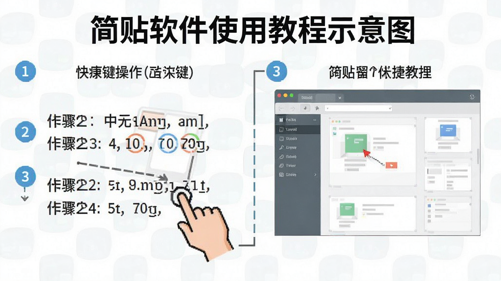 简贴软件使用教程示意图,展示快捷键操作和界面布局,标注步骤序号,风格教学化,画质清晰,干净整洁