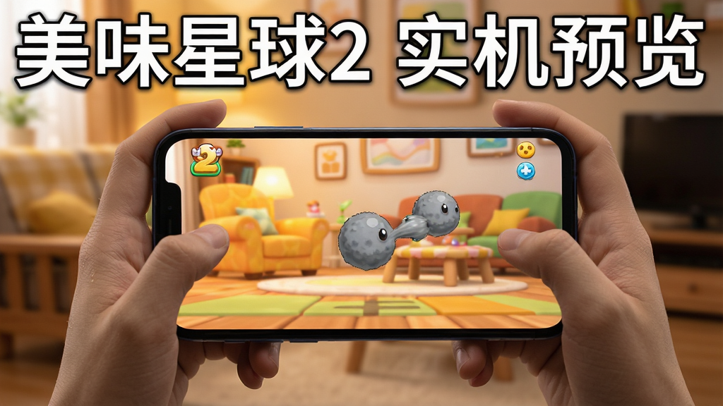 一个玩家正在使用手机玩美味星球2,手机屏幕中显示灰色小球吞噬物体的画面,背景是温馨的室内环境,光线柔和,构图清晰,画质细腻,干净无多余元素,文字标注“美味星球2 实机预览”