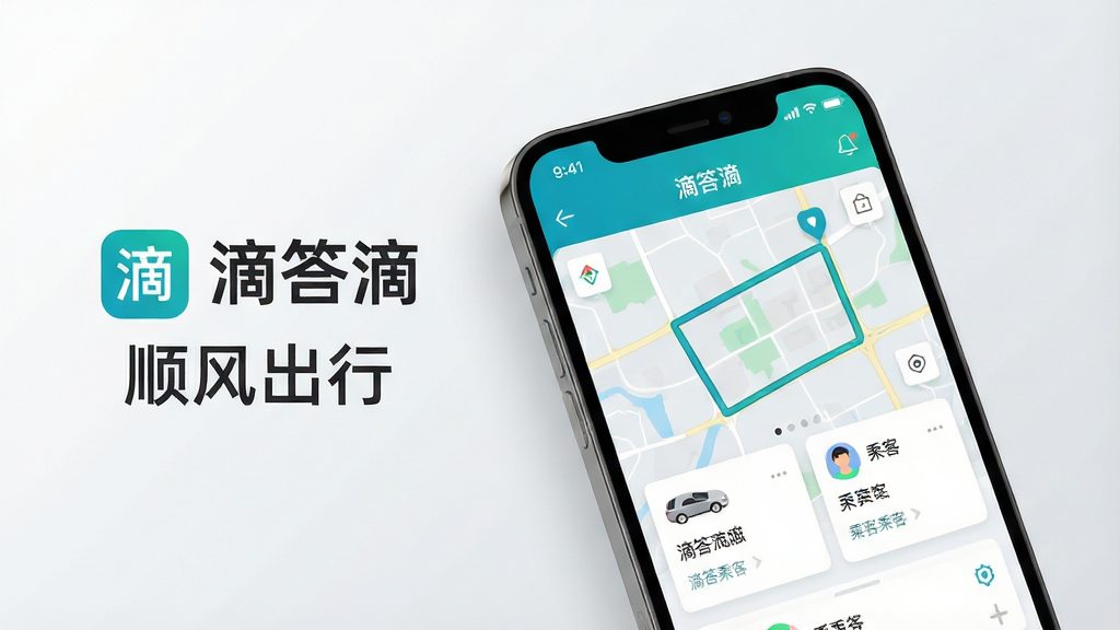 一张展示滴答滴APP核心界面的高清宣传图,主体为智能手机屏幕特写,屏幕内清晰显示“滴答滴”APP的顺风车行程发布与匹配界面,包含地图路线、车辆与乘客信息卡片。布局上,手机位于画面中央偏右,左侧留白处配以“滴答滴”品牌LOGO与“顺风出行”字样。整体风格为现代扁平化设计,色彩清新明亮,以品牌蓝绿色为主色调。细节上强调界面UI的清晰度与流畅感,画质细腻,光影自然,背景为干净的浅灰色渐变,无多余元素。