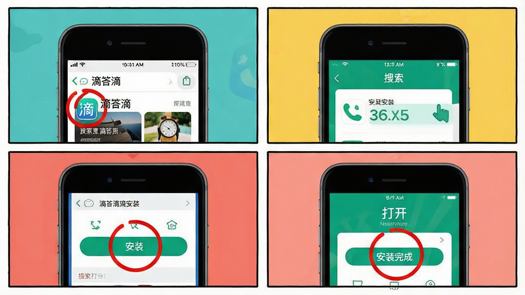 一张展示滴答滴APP下载安装步骤的教程图,主体为手机屏幕依次显示应用商店搜索“滴答滴”、点击安装、安装完成打开后的界面。布局采用四宫格漫画形式,每个格子代表一个步骤,逻辑清晰。风格为简洁的UI示意风格,色彩明快。细节上突出每个步骤的按钮位置并用红色圆圈标出,画质干净利落,无多余元素。