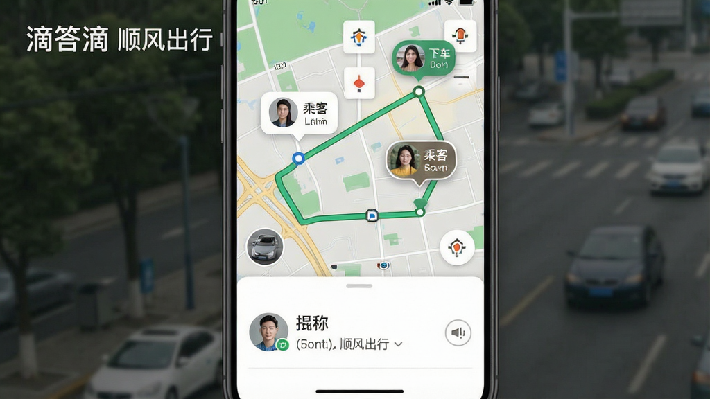一张展示滴答滴智能匹配功能的界面截图预览图,主体为APP内地图导航页面,显示一条清晰的绿色行车路线,途中标注了乘客的上车点与下车点,并有车主与乘客的头像气泡在地图上移动。布局采用上下结构,上方为地图区域,下方为行程信息卡片,显示双方昵称与车辆信息。风格为写实与UI结合,地图色彩真实自然,UI元素精致。细节上突出路线规划的合理性,画质清晰,界面干净整洁,无多余元素,图片文字标注“滴答滴 顺风出行”。