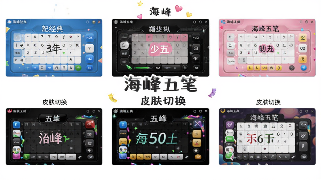 一张展示海峰五笔输入法多款皮肤的图片,界面中并列展示几款不同风格的皮肤预览,包括蓝色经典、粉色少女、黑色炫酷等,背景为纯白,文字标注“海峰五笔”与“皮肤切换”,画质细腻,布局整齐,风格活泼