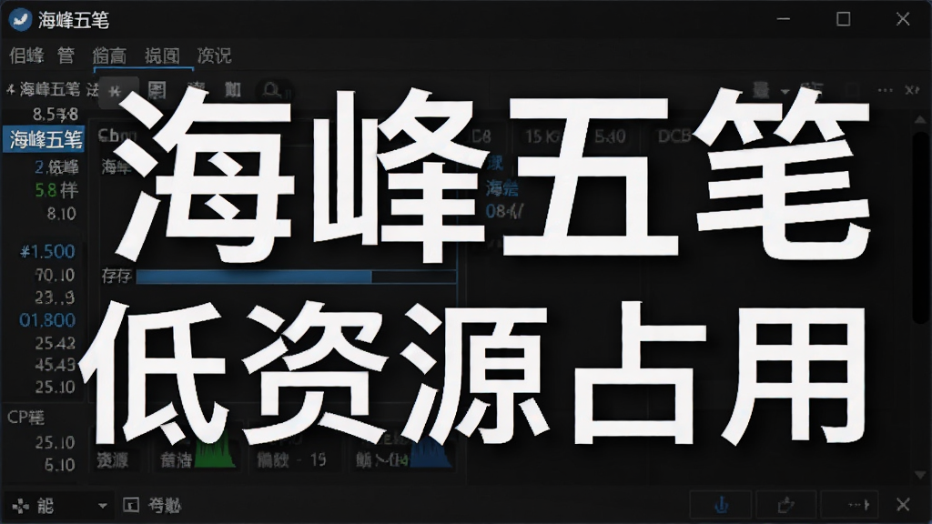 一张展示海峰五笔输入法在任务管理器中占用内存很小的截图,界面中突出显示“海峰五笔”进程的CPU与内存占用极低,背景为深色,文字标注“海峰五笔”与“低资源占用”,画质清晰,数据直观,风格科技感强