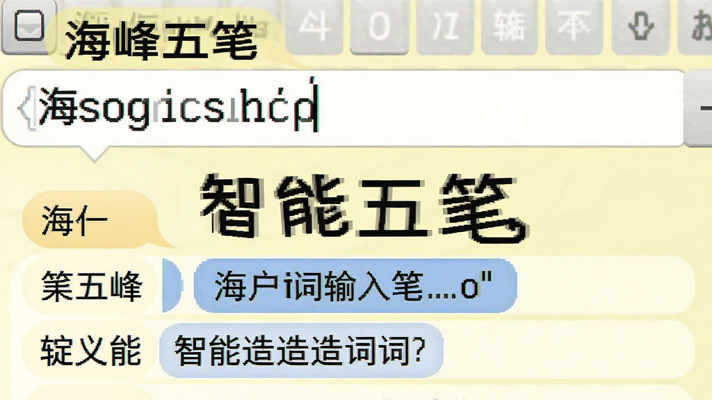一张展示海峰五笔输入法智能造词功能的图片,界面上方显示输入拼音,下方出现候选词,其中包含用户自定义词组,背景为淡黄色,文字标注“海峰五笔”与“智能造词”,画质清晰,风格直观易懂