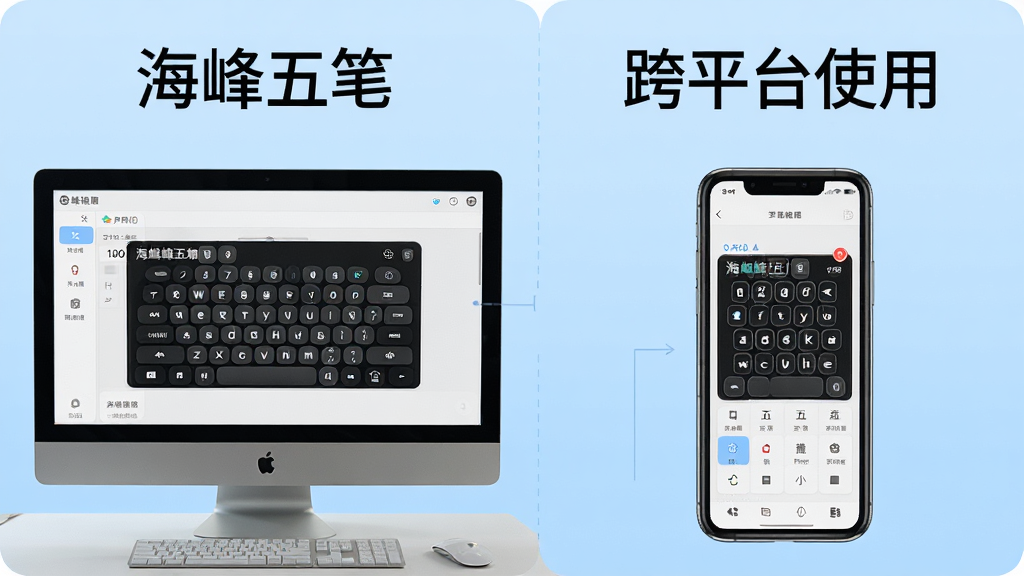 一张展示海峰五笔输入法在电脑端与手机端同时使用的对比图片,左侧为电脑屏幕,右侧为手机屏幕,均显示海峰五笔输入界面,背景为浅蓝色,文字标注“海峰五笔”与“跨平台使用”,画质清晰,布局直观,风格现代