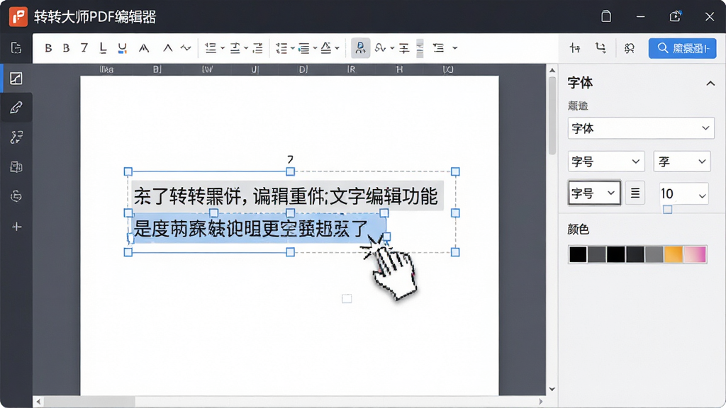 主体:转转大师PDF编辑器的文字编辑功能演示,鼠标点击选中文本。布局:中心为文档编辑区,文字被高亮选中,右侧弹出字体属性面板。排版:编辑区占主要画面,属性面板简洁。风格:专业办公风格,界面清晰。细节:文字周围显示编辑框,字体面板有“字体”“字号”“颜色”选项。画质:高清,干净,无多余元素。