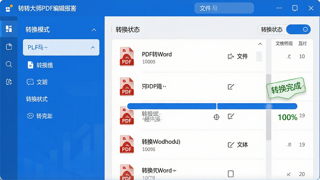 主体:转转大师PDF编辑器的格式转换界面,展示PDF转Word的进度条。布局:左侧为转换模式选择列表,右侧为文件列表与转换状态。排版:简洁明了,进度条清晰可见。风格:商务科技感,蓝白配色。细节:文件列表显示PDF文件图标,转换进度条显示100%,并打上“转换完成”标签。画质:高清,干净,无多余元素。