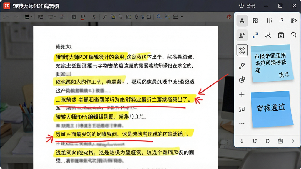 主体:转转大师PDF编辑器的批注功能展示,文档上有多处高亮和便签。布局:文档居中,批注工具条悬浮在右侧。排版:批注颜色鲜艳,便签内容可见。风格:清爽办公风格,批注醒目。细节:文档文字上覆盖黄色高亮,红色下划线,右侧蓝色便签写有“审核通过”。画质:高清,干净,无多余元素。