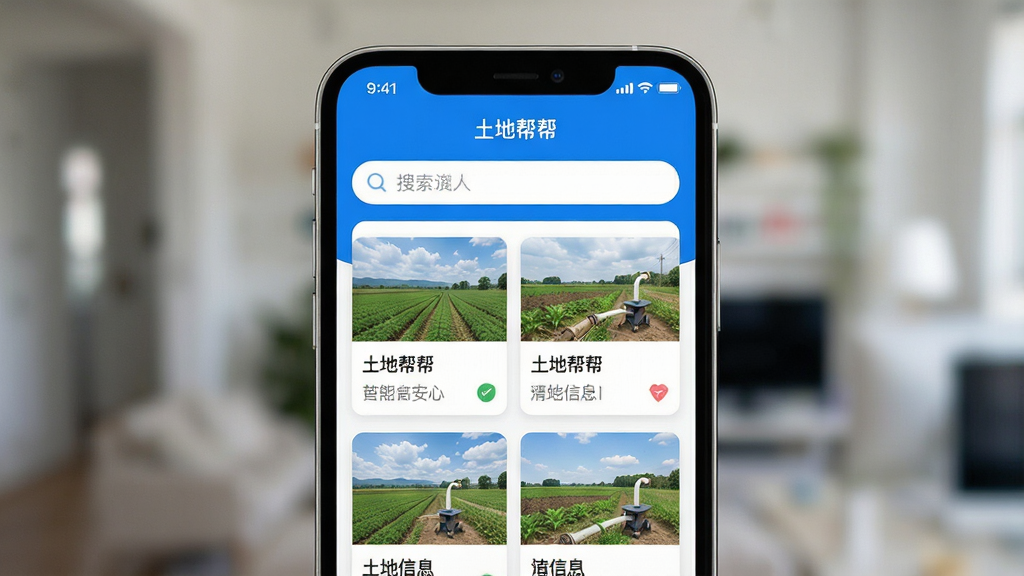 一张智能手机屏幕特写,屏幕内清晰展示“土地帮帮”APP的首页界面,界面风格现代简洁,顶部搜索栏醒目,下方以卡片形式展示各类土地信息列表,背景虚化处理,整体色调以蓝白为主,画质干净,构图居中,突出APP界面细节,无多余元素