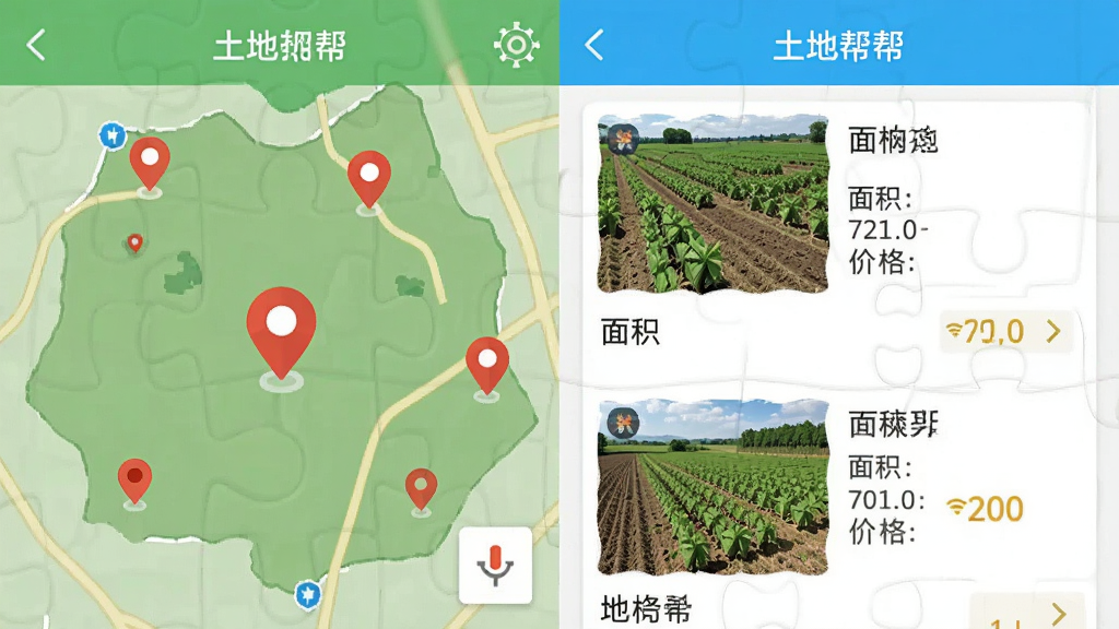 一张“土地帮帮”APP功能界面拼图,左侧展示地图找地模式,红色定位标记点缀其间,右侧展示土地列表详情,包含地块图片、面积、价格等关键信息,版面设计清晰,色彩明快,画质干净,突出功能丰富性与实用性,无多余元素