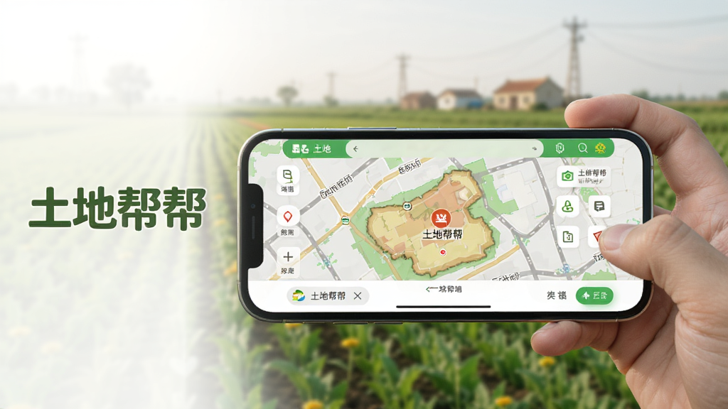 一张“土地帮帮”APP在手机上运行的使用场景图,手机横持,屏幕显示地图找地界面,背景是模糊的户外田野,画面左侧有“土地帮帮”字样,光线充足,画质干净,强调移动端使用的便捷性,无多余元素