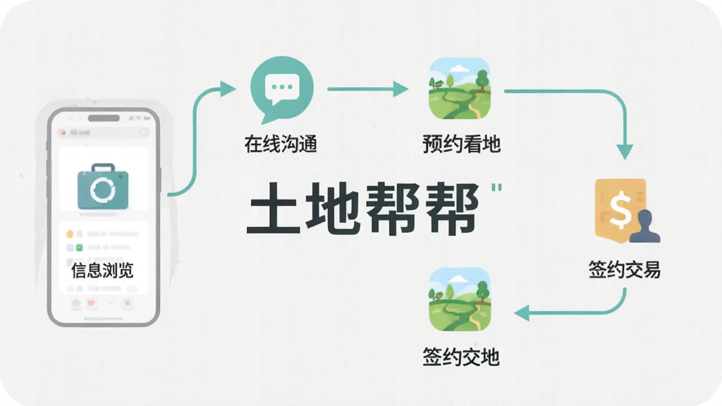 一张“土地帮帮”APP交易服务流程示意图,以扁平化图标形式展示从信息浏览、在线沟通、预约看地到签约交易的全流程,画面中央有“土地帮帮”字样,背景为浅灰质感,线条流畅,画质干净,无多余元素
