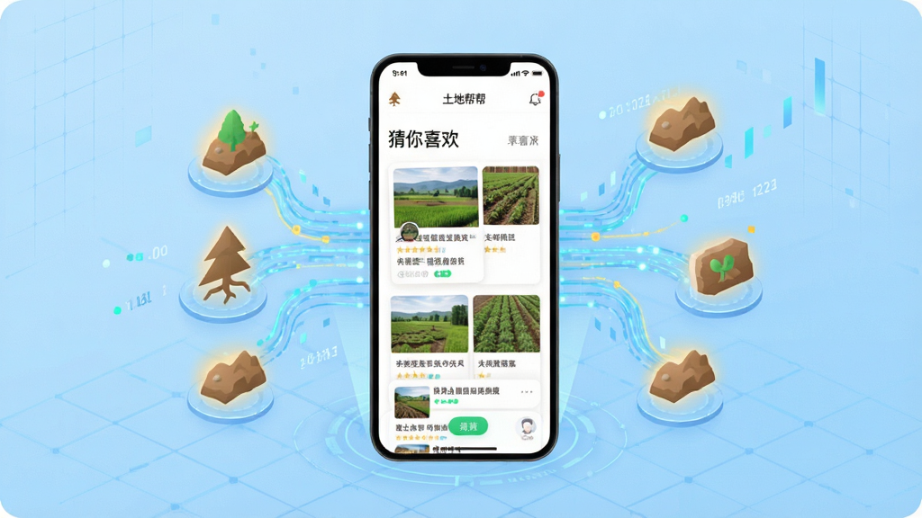 一张“土地帮帮”APP智能推荐功能的概念图,画面以抽象的数据流与土地图标结合,中央是手机屏幕,屏幕内展示“猜你喜欢”模块,推荐数条土地卡片,背景为浅蓝色科技感网格,画质干净,布局层次分明,无多余元素