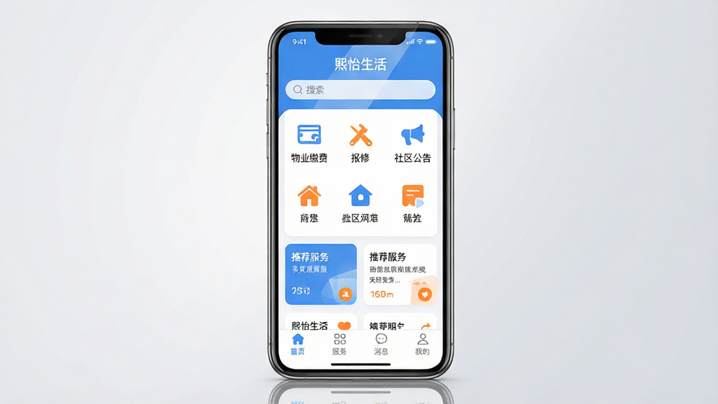 主体:手机屏幕展示“熙怡生活”APP主界面,界面简洁明亮,包含“首页”、“服务”、“消息”、“我的”四个底部标签。布局:手机居中,屏幕内显示清晰的功能图标,如“物业缴费”、“报修”、“社区公告”等。排版:界面图标呈网格状排列,上方为搜索栏,下方为推荐服务卡片。风格:扁平化设计,色彩以清新蓝白为主,搭配橙色点缀。细节:屏幕反光自然,手机边缘圆润,背景为淡灰色渐变。画质:高清渲染,干净无多余元素。