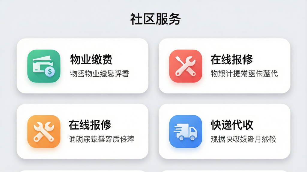 主体:熙怡生活APP的“社区服务”页面,展示“物业缴费”、“在线报修”、“快递代收”等卡片式功能入口。布局:多张功能卡片以两列网格排列,每张卡片上有简洁的图标和文字标签。排版:卡片圆角设计,白色背景,彩色图标,下方有简短说明文字。风格:现代感,轻拟物与扁平结合,整体色调为浅灰与蓝色。细节:卡片阴影柔和,图标细腻,页面顶部有“社区服务”标题。画质:4K超清,干净无多余元素。