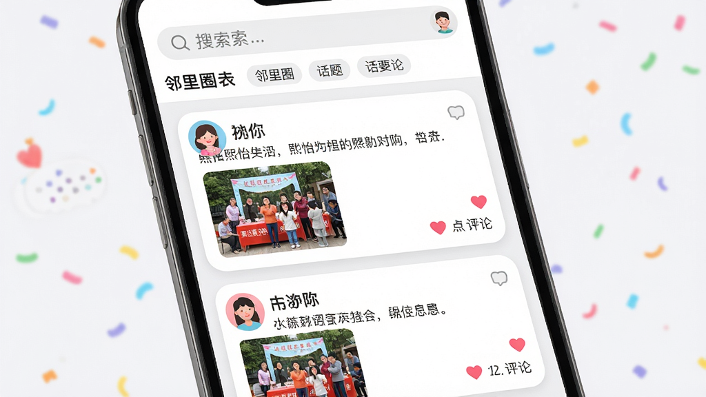 主体:熙怡生活APP的“邻里圈”信息流界面,展示用户发布的动态卡片,包含文字、图片和点赞评论按钮。布局:手机屏幕内,动态卡片纵向排列,顶部有搜索框和话题标签。排版:卡片之间有适当间距,内容清晰易读,头像和昵称在卡片左上角。风格:社交软件风格,白底灰边,圆角卡片,色彩活泼。细节:图片预览为社区活动照片,点赞图标为心形,评论数为数字。画质:高分辨率,干净无多余元素。