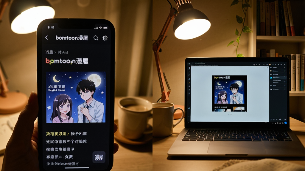 一张分屏对比图,左边是一部手机显示bomtoon漫屋的阅读界面,正在进行夜间模式下的漫画阅读,右边是一台笔记本电脑,屏幕上也运行着安卓模拟器并显示同样的阅读界面,周围环境是温馨的书房,有台灯和咖啡杯,画面清晰,突出“bomtoon漫屋”的界面细节,风格写实。