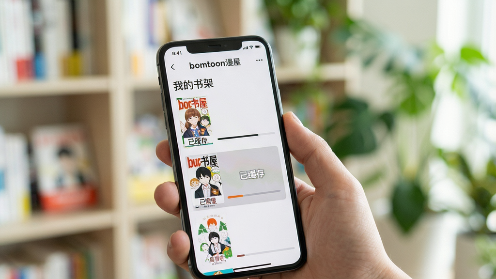 一个简洁明亮的室内环境,近景是一只手拿着手机,手机屏幕显示bomtoon漫屋的“我的书架”页面,书架以列表形式展示几本漫画的封面和阅读进度条,其中一本显示“已缓存”标签,背景是虚化的书架和绿色植物,整体色调清新自然,画面焦点集中在手机屏幕,清晰显示“bomtoon漫屋”界面元素,画质干净。