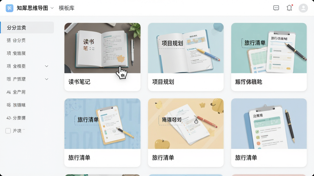 主体:知犀思维导图的模板库界面,展示多种模板缩略图,有读书笔记、项目规划、旅行清单等。布局:网格状排列,每个模板卡片有预览图和名称。排版:整齐有序,左侧有分类列表。风格:清新简约,色彩柔和。细节:鼠标悬停时显示预览,模板封面设计精美。画质:高清,干净,无多余元素