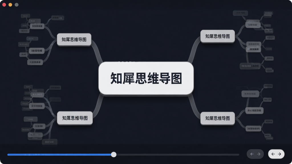 主体:知犀思维导图的演示模式截图,中央是一个放大的节点,周围分支半透明显示。布局:焦点居中,背景为深色。排版:简洁,突出当前节点。风格:商务演示风格。细节:底部有进度条和切换按钮,节点有阴影效果。画质:高清,干净,无多余元素